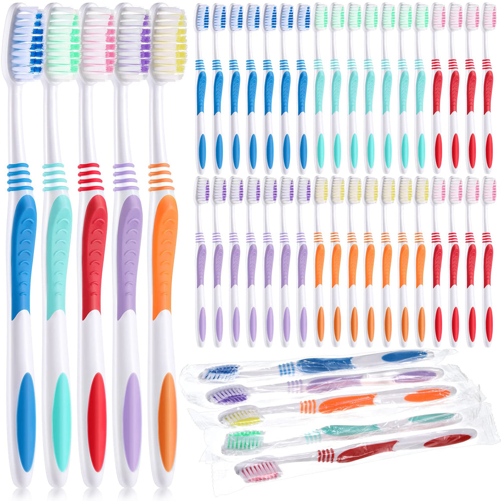 Newtay 100 piece set of individually wrapped travel toothbrushes in multiple colors