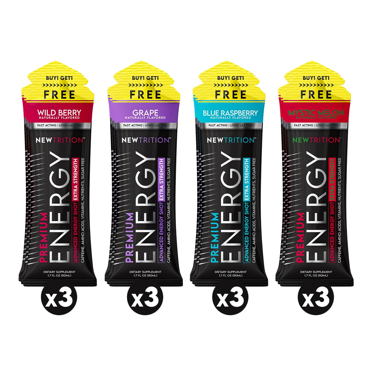 NewTrition Extra Strength Energy Shot Blue Raspberry bottle boosts focus on the go