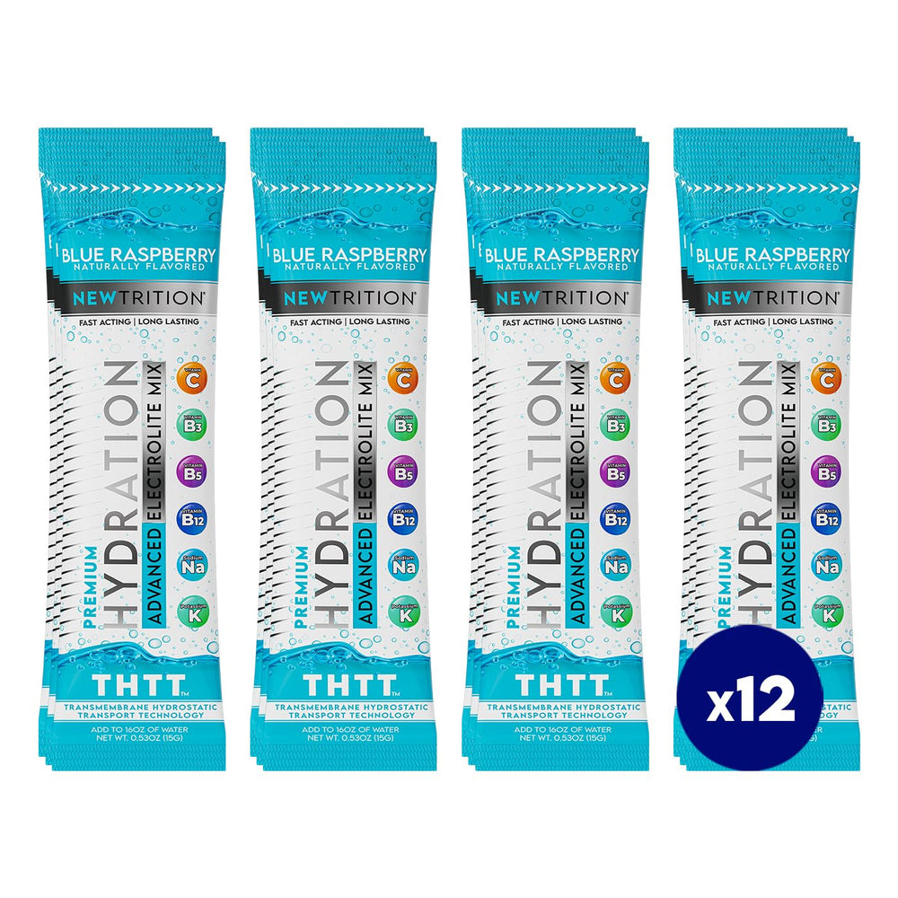 NewTrition hydration powder blue raspberry pack 12 ready-to-mix packets for rapid hydration during workouts.