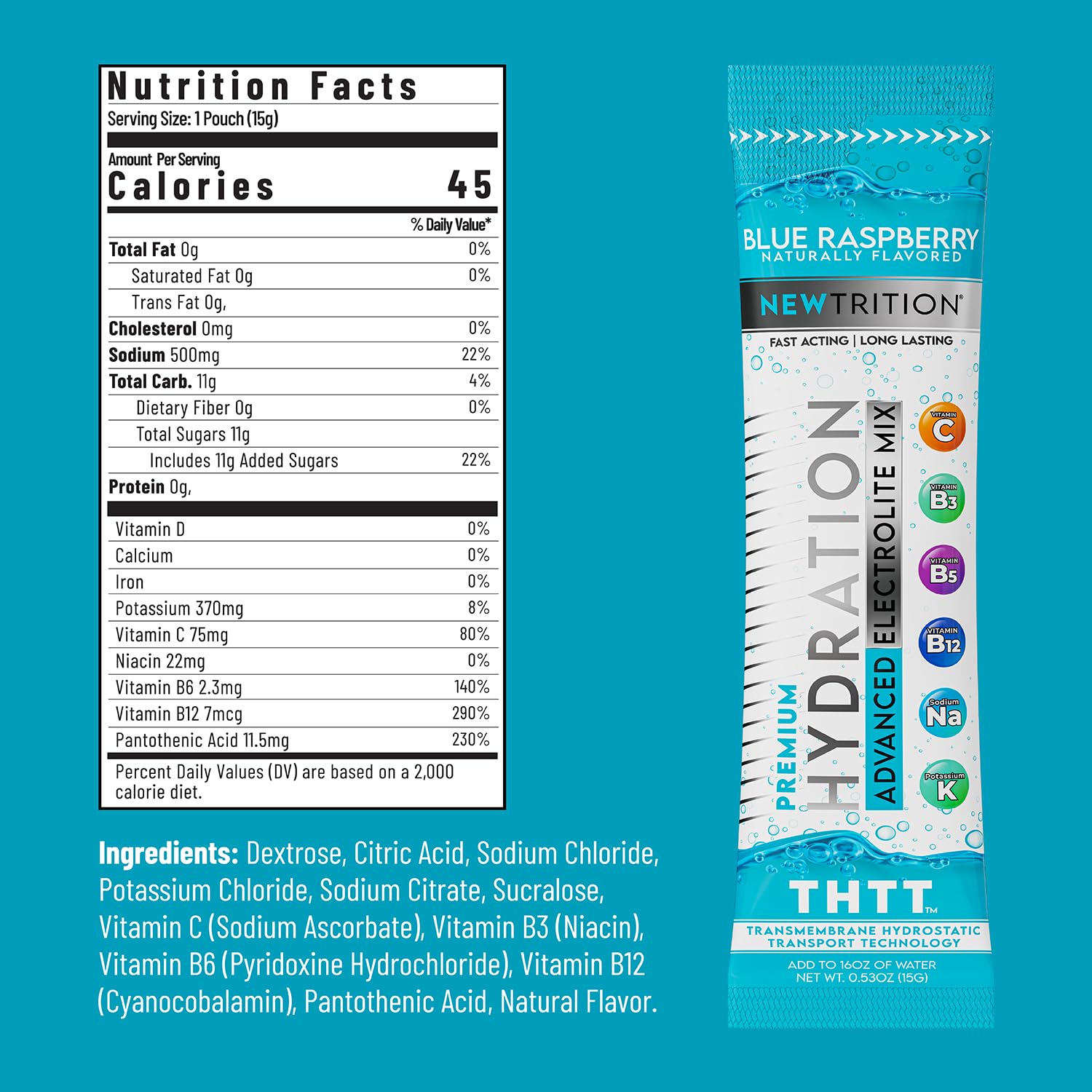 NewTrition hydration powder blue raspberry packet closeup showing flavorful electrolyte mix for on-the-go hydration.
