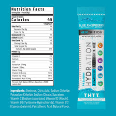 NewTrition hydration powder blue raspberry packet closeup showing flavorful electrolyte mix for on-the-go hydration.