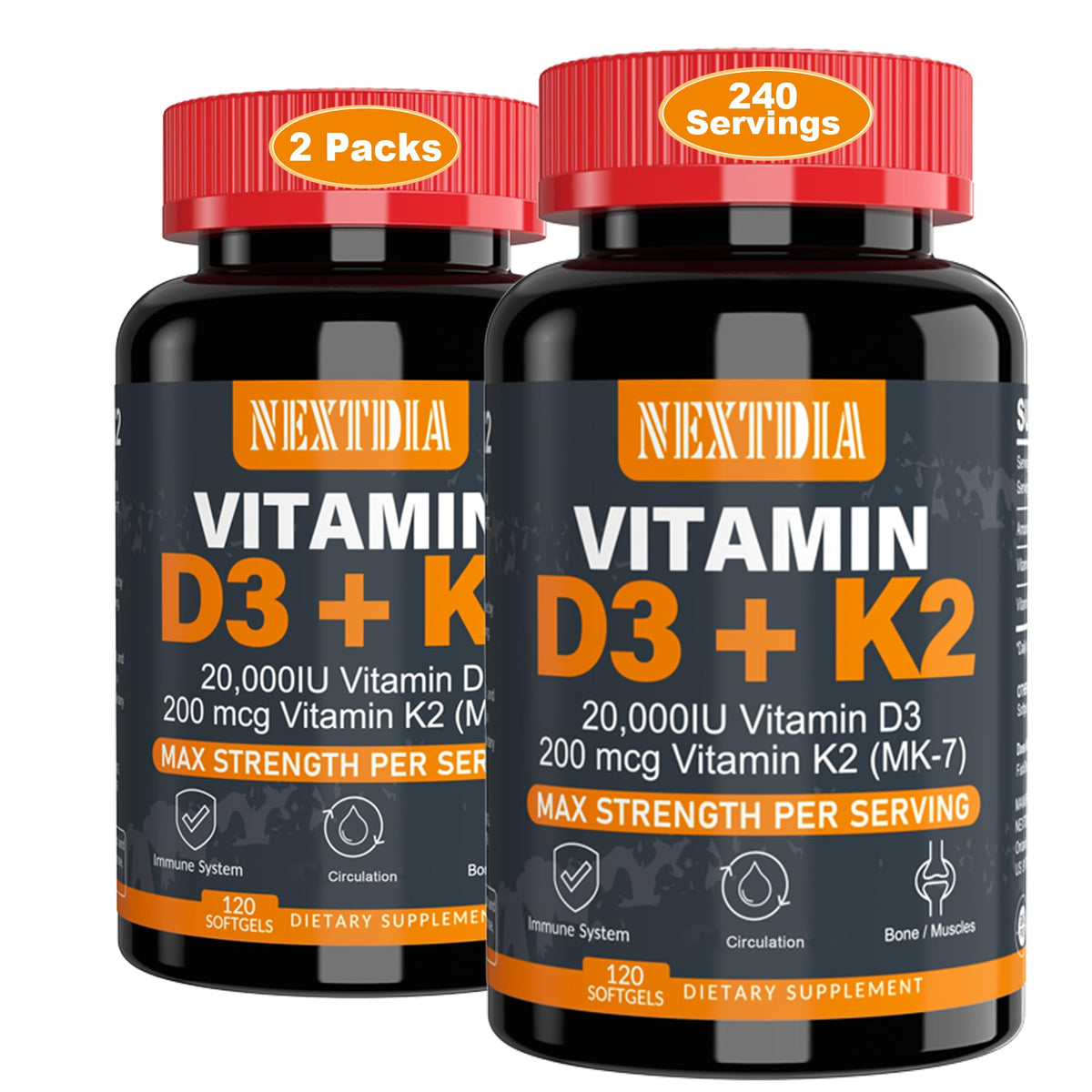 Nextdia D3 + K2 softgels bottle front with label