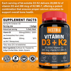 Close-up of Nextdia Vitamin D3 20,000 IU + K2 MK-7 200mcg softgels