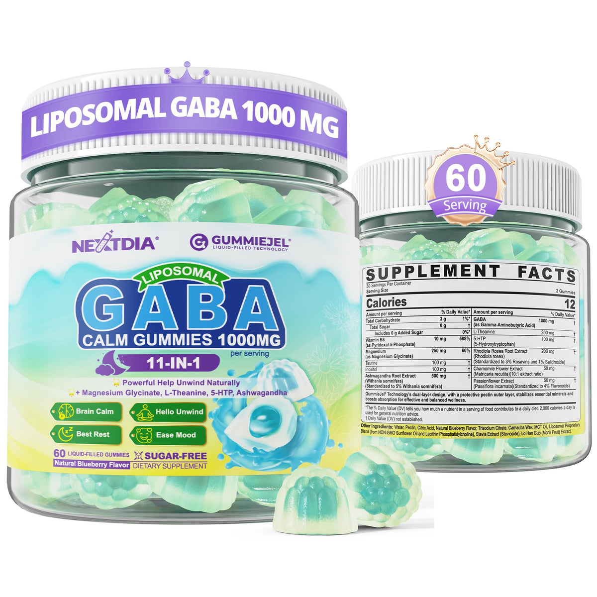 Nextdia front label showing product name and benefits for calm
