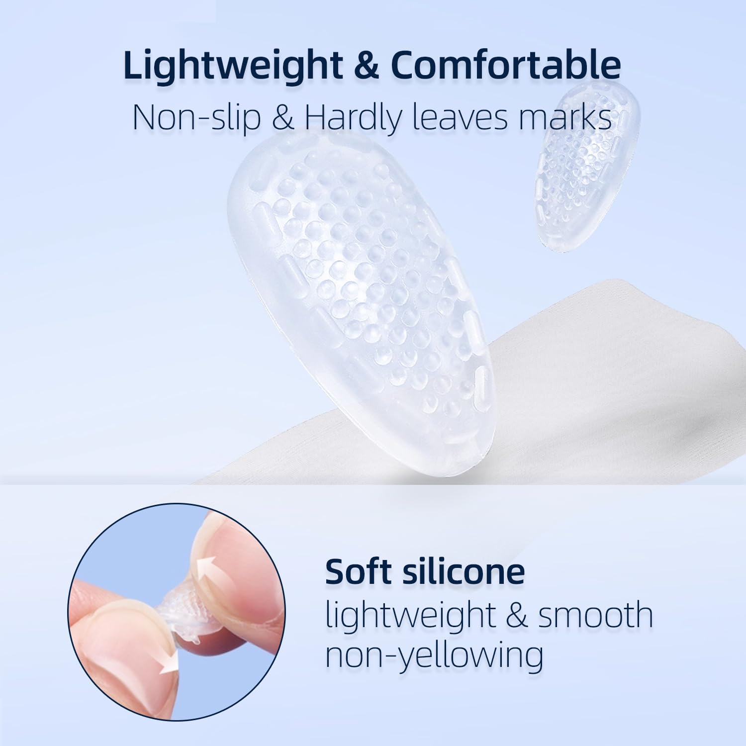 Close-up of teardrop silicone nose pad with air cushion and massage bumps