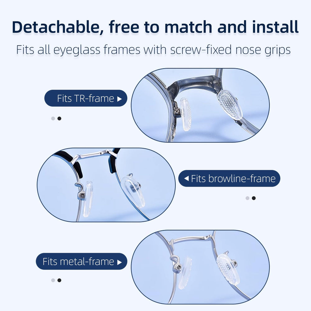 Glasses frame with screw-on nose pads installed