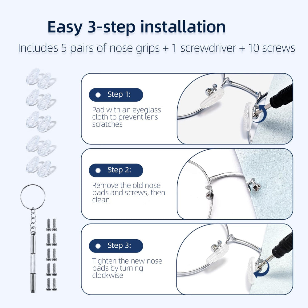 NG-02 eyeglass repair kit contents: nose pads, screws, screwdriver