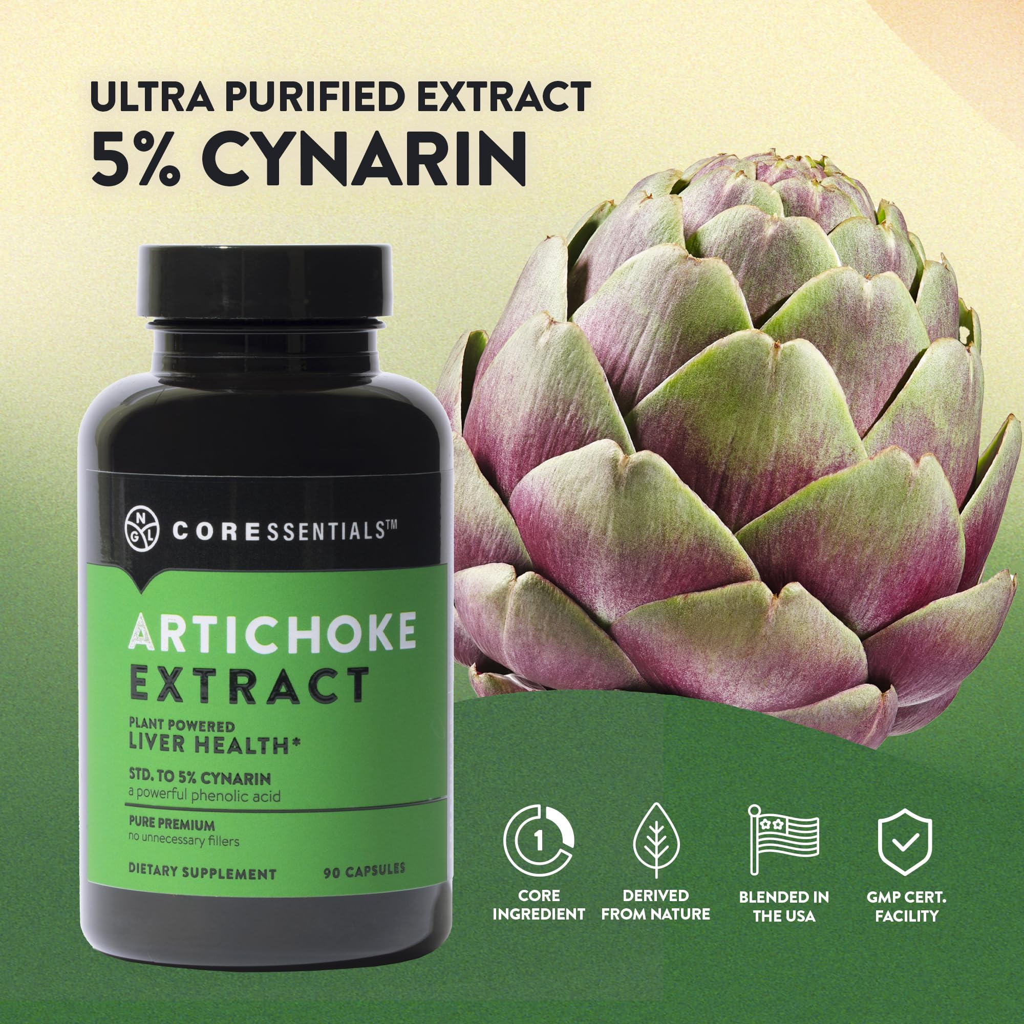 Front view of NGL Artichoke Extract 90-count bottle