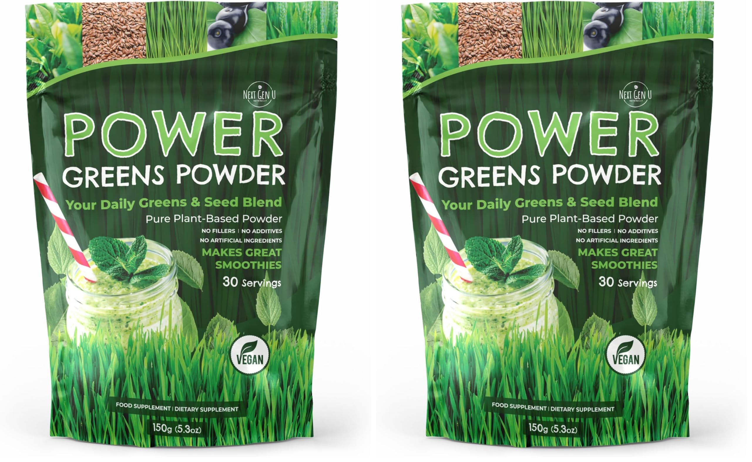NGU Next Gen U Super Greens powder tub front offers a nutrient-dense smoothie boost