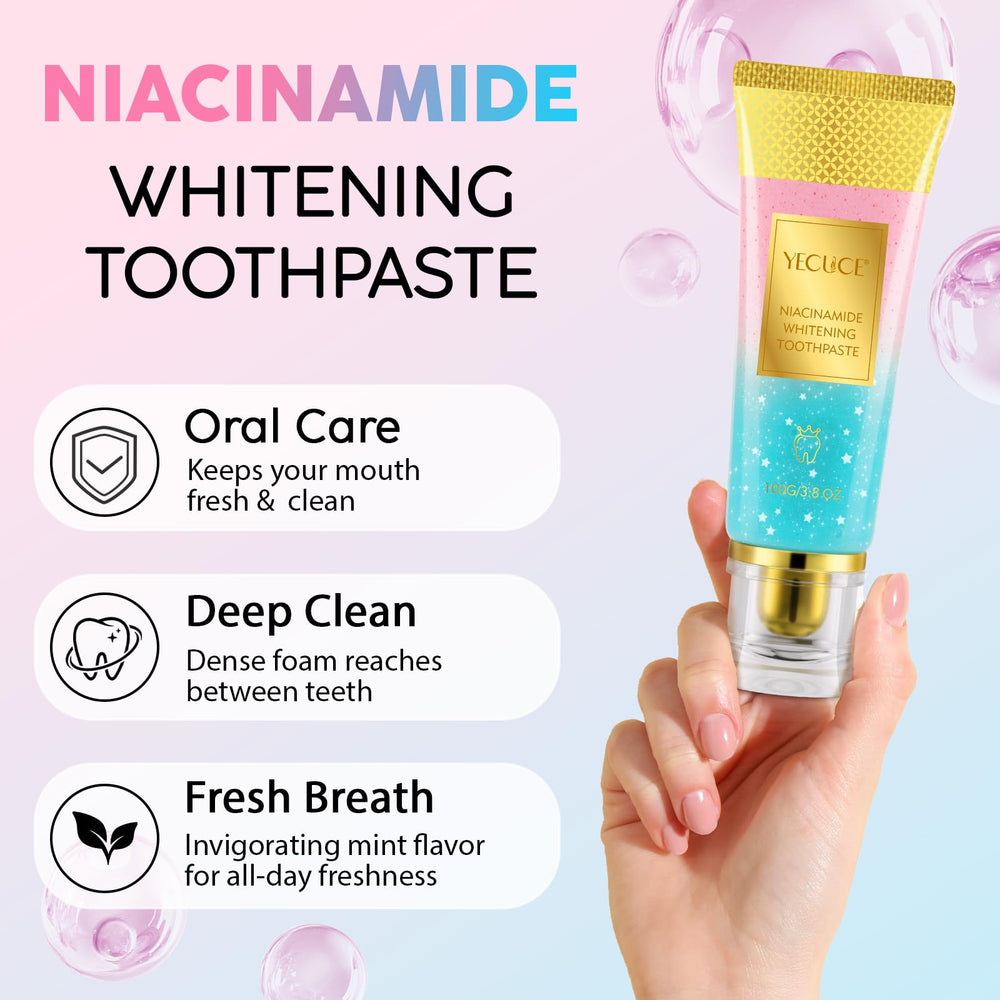 Two Niacinamide toothpaste tubes close-up