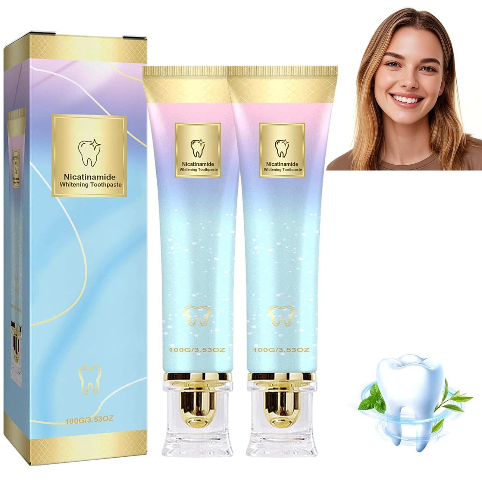 Two-pack Niacinamide Whitening Toothpaste bottle and tube