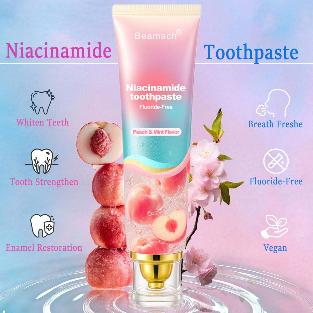 Close-up of toothpaste tube with niacinamide, mint and peach extracts