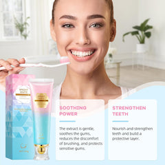 Close-up of toothpaste on toothbrush showing creamy paste