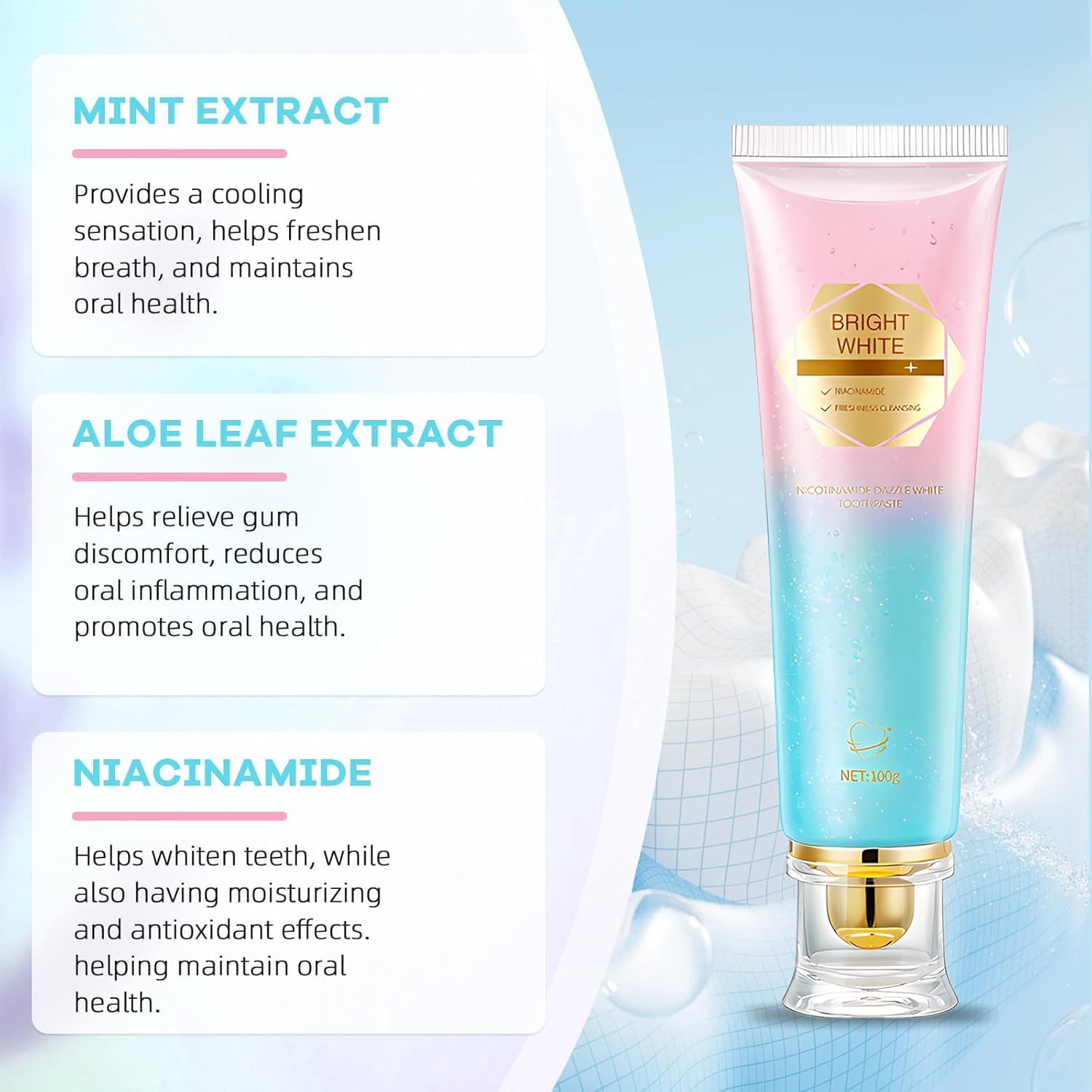 Illustration highlighting whitening, enamel protection, and Niacinamide