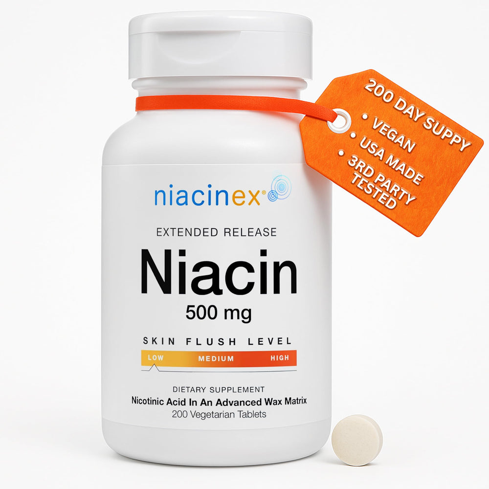 Niacinex Niacin 500mg Extended Time Release bottle with 200 tablets