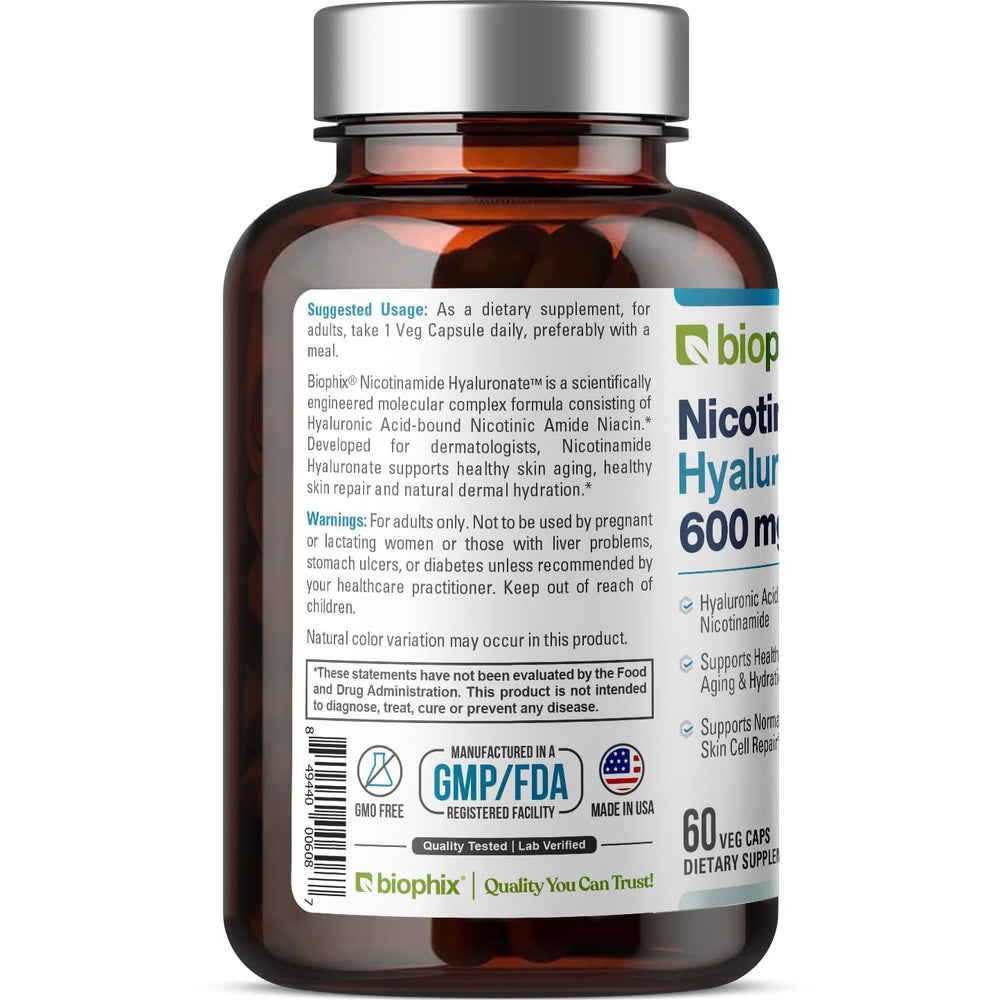 Pack shot of Nicotinamide Hyaluronate 600 mg 60 Vcaps bottle