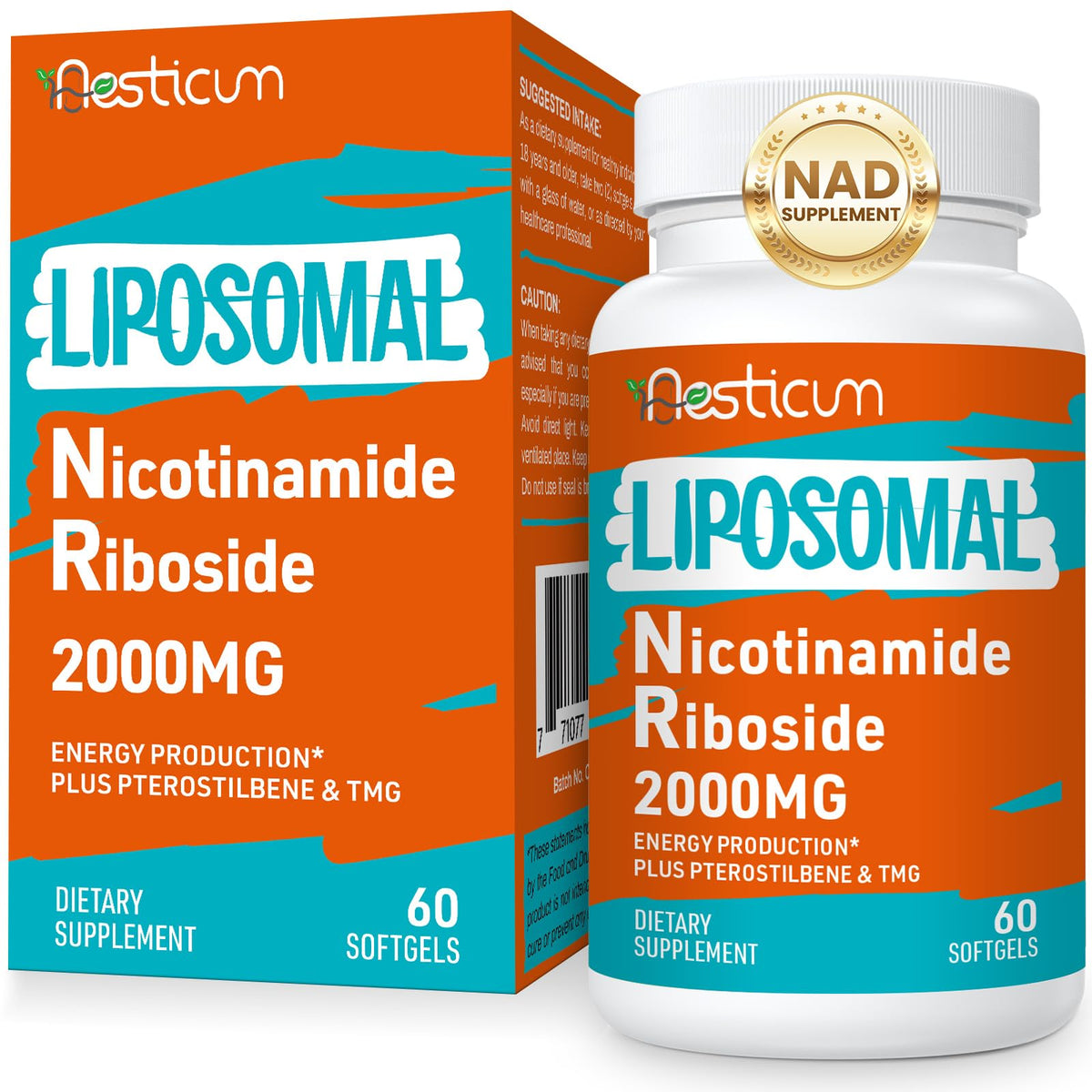 Bottle of 2000 mg Nicotinamide Riboside Liposomal NAD+ booster with TMG and Trans-Pterostilbene