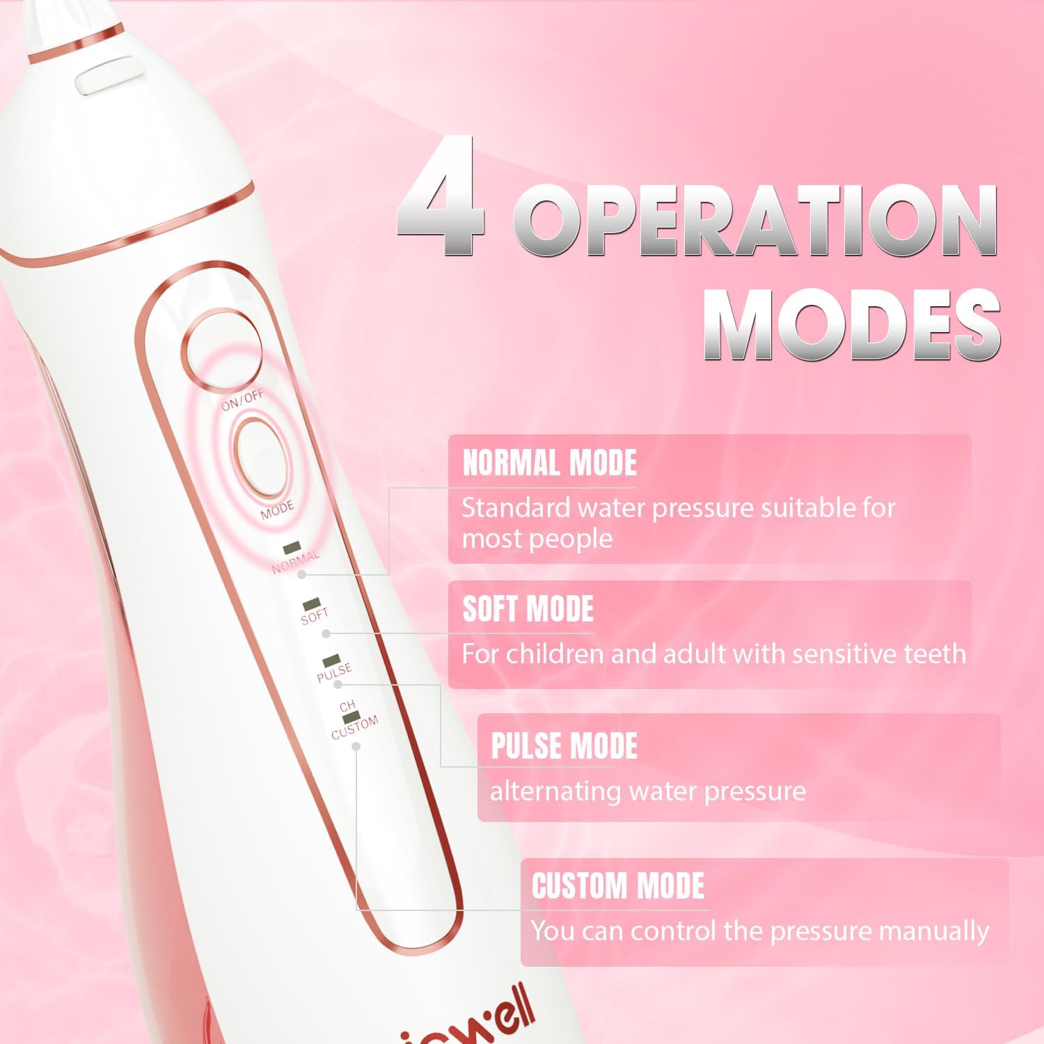 Flosser showcasing four modes and 11 intensity levels