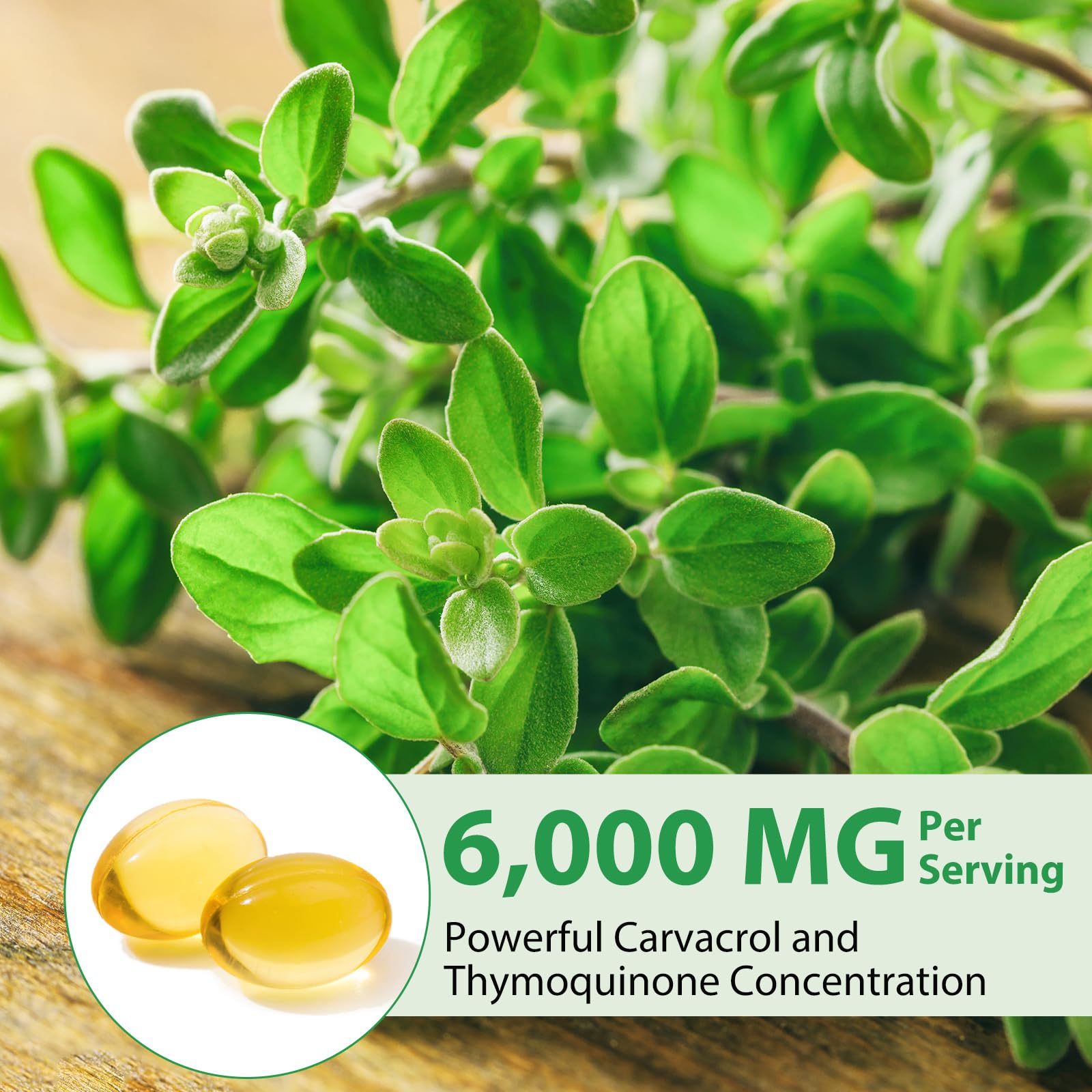 Wellness lifestyle image featuring oregano oil softgels and health symbols