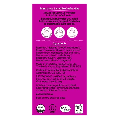 Eco-friendly packaging highlighting FSC-certified recyclable sachets for Night Time Berry tea