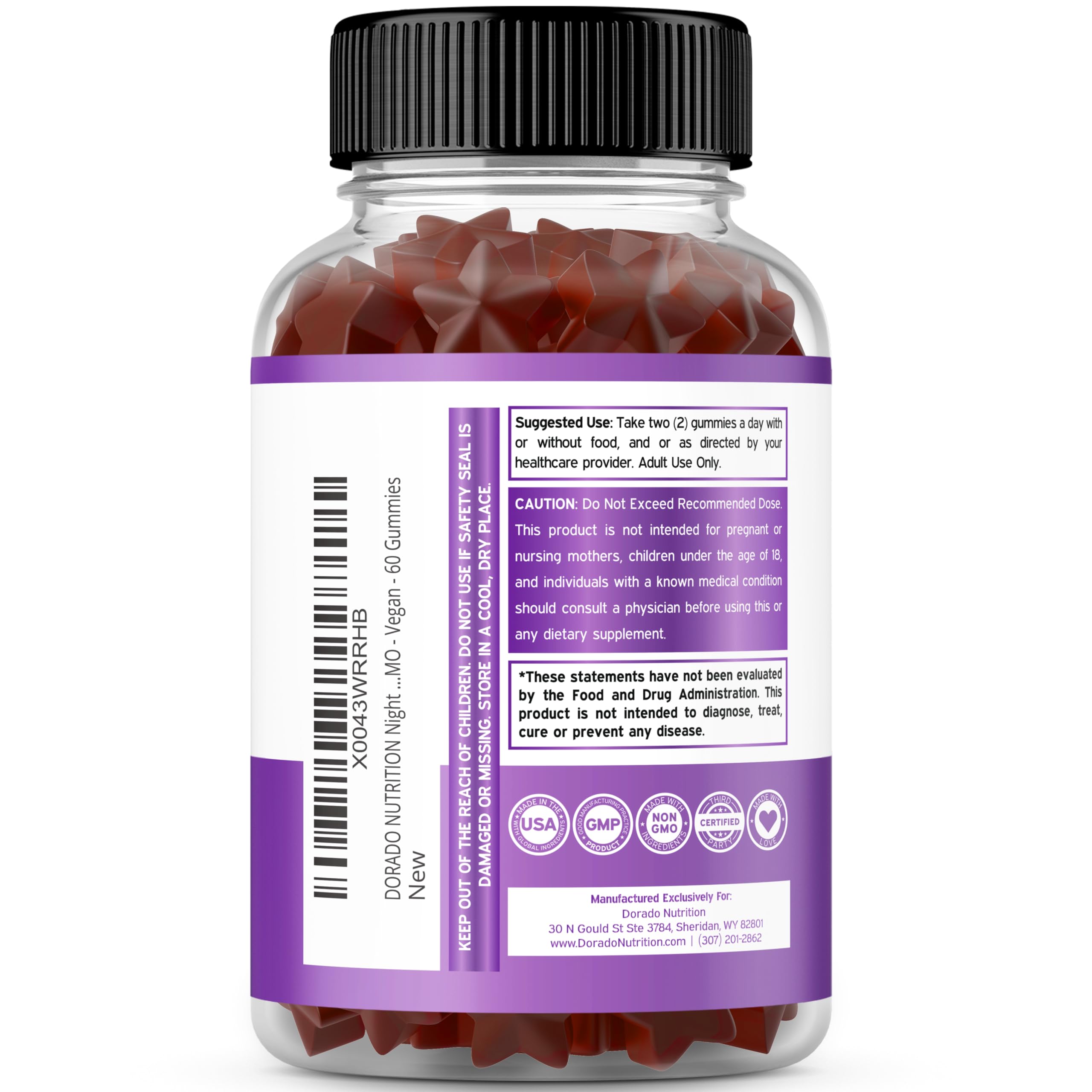 Ingredients highlight showing vegan, sugar-free, and melatonin