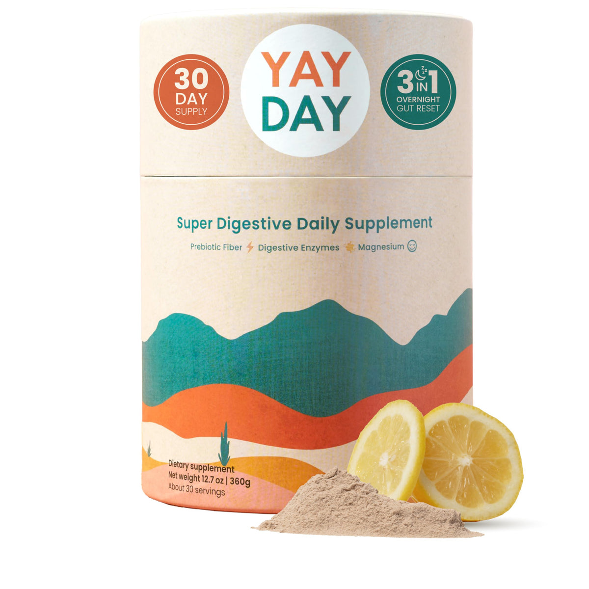 Nighttime prebiotic fiber powder with citrus flavor in a scoop for sleep support