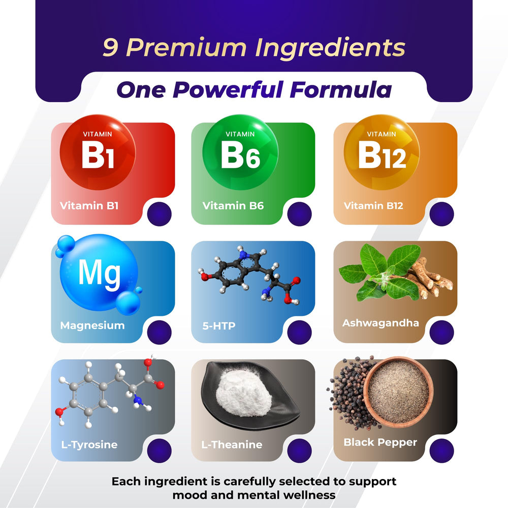 Composite formula of 9 ingredients including 5-HTP, L-Tyrosine and L-Theanine