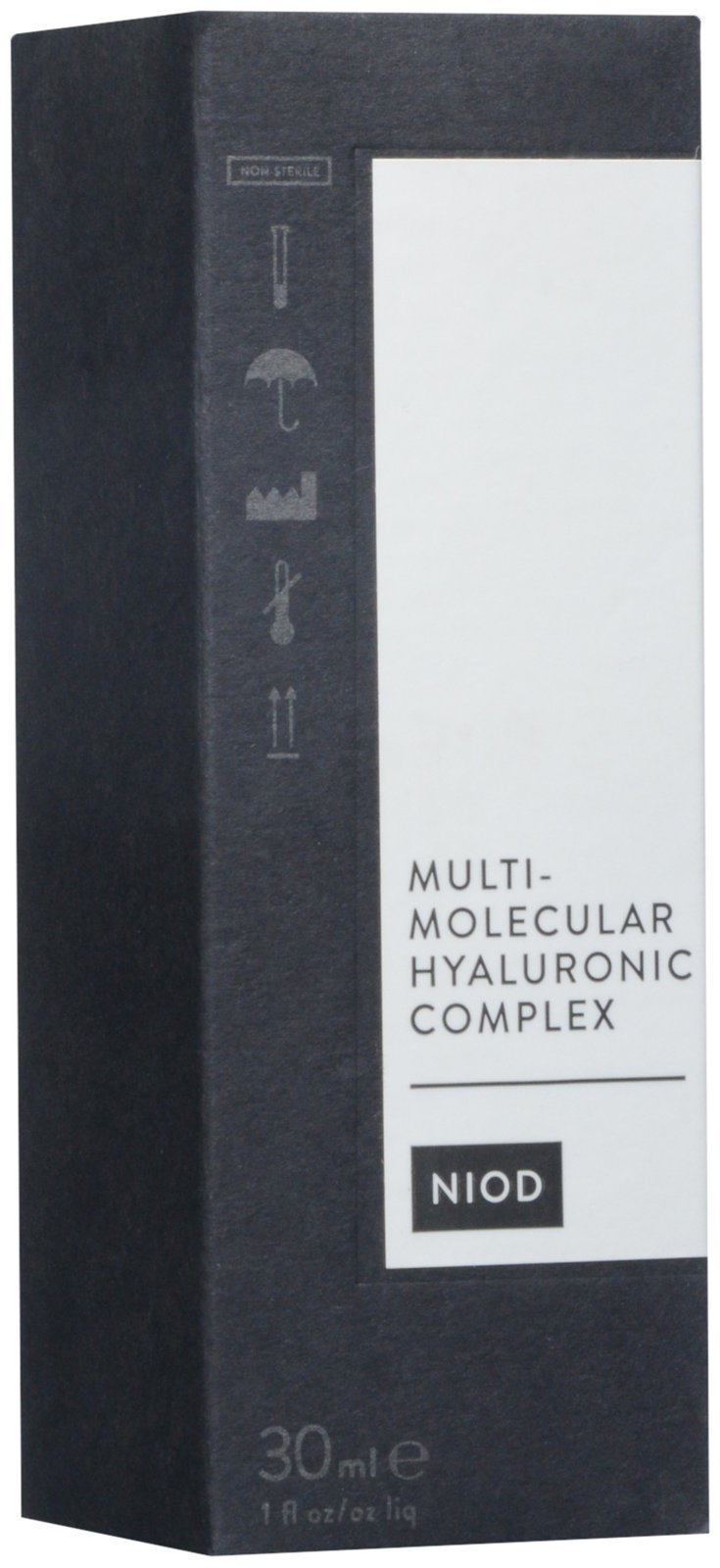 Close-up of NIOD Multi-Molecular Hyaluronic Complex bottle with dropper