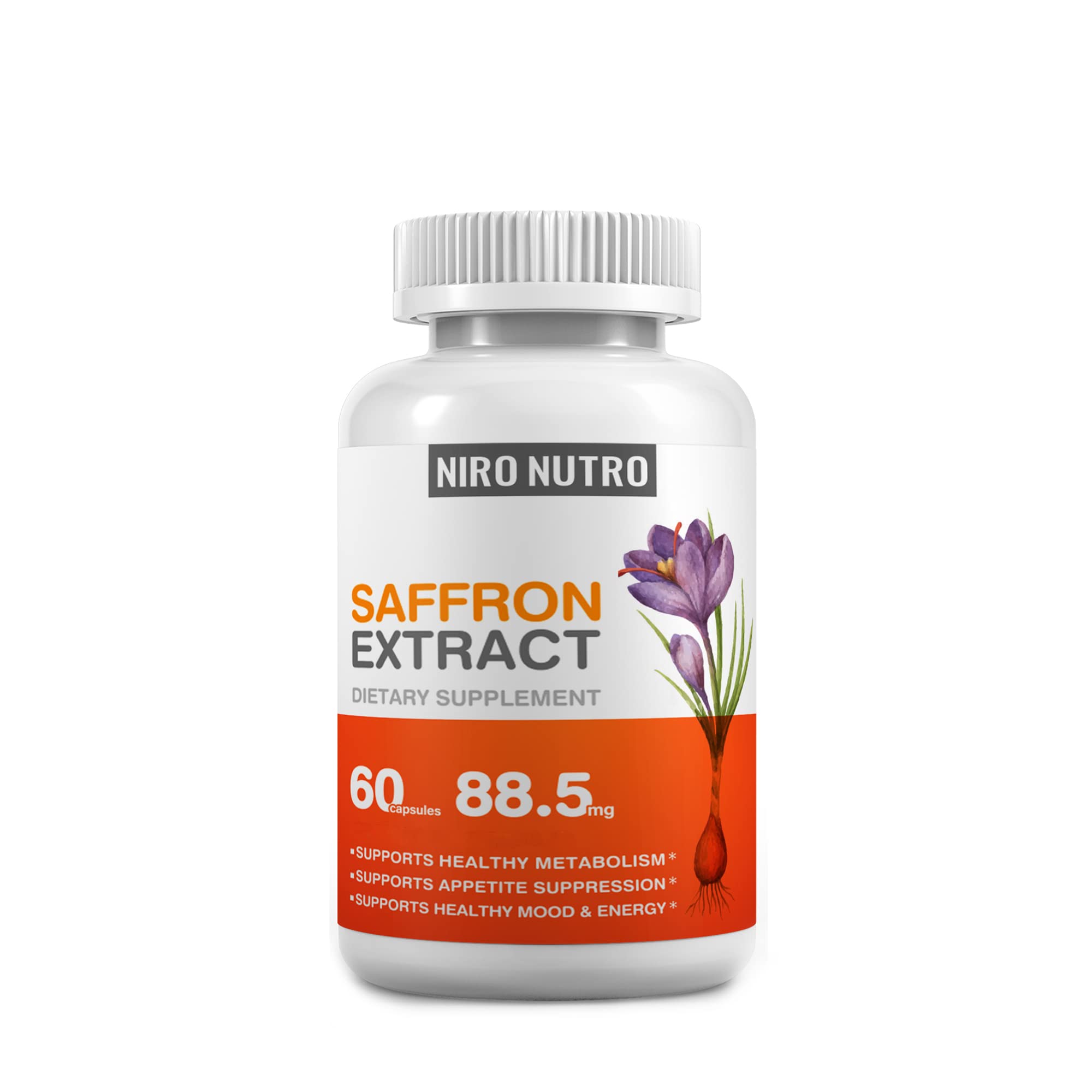 Bottle of Niro Nutro saffron supplements with 60 capsules