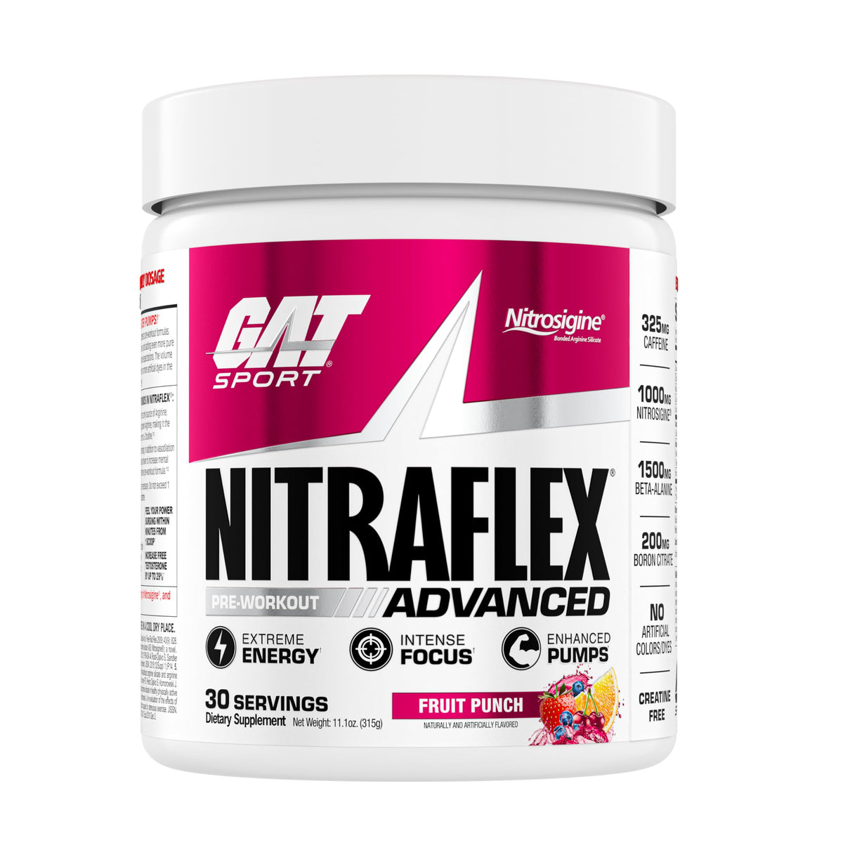 GAT Sport Nitraflex pre-workout powder canister in Fruit Punch flavor