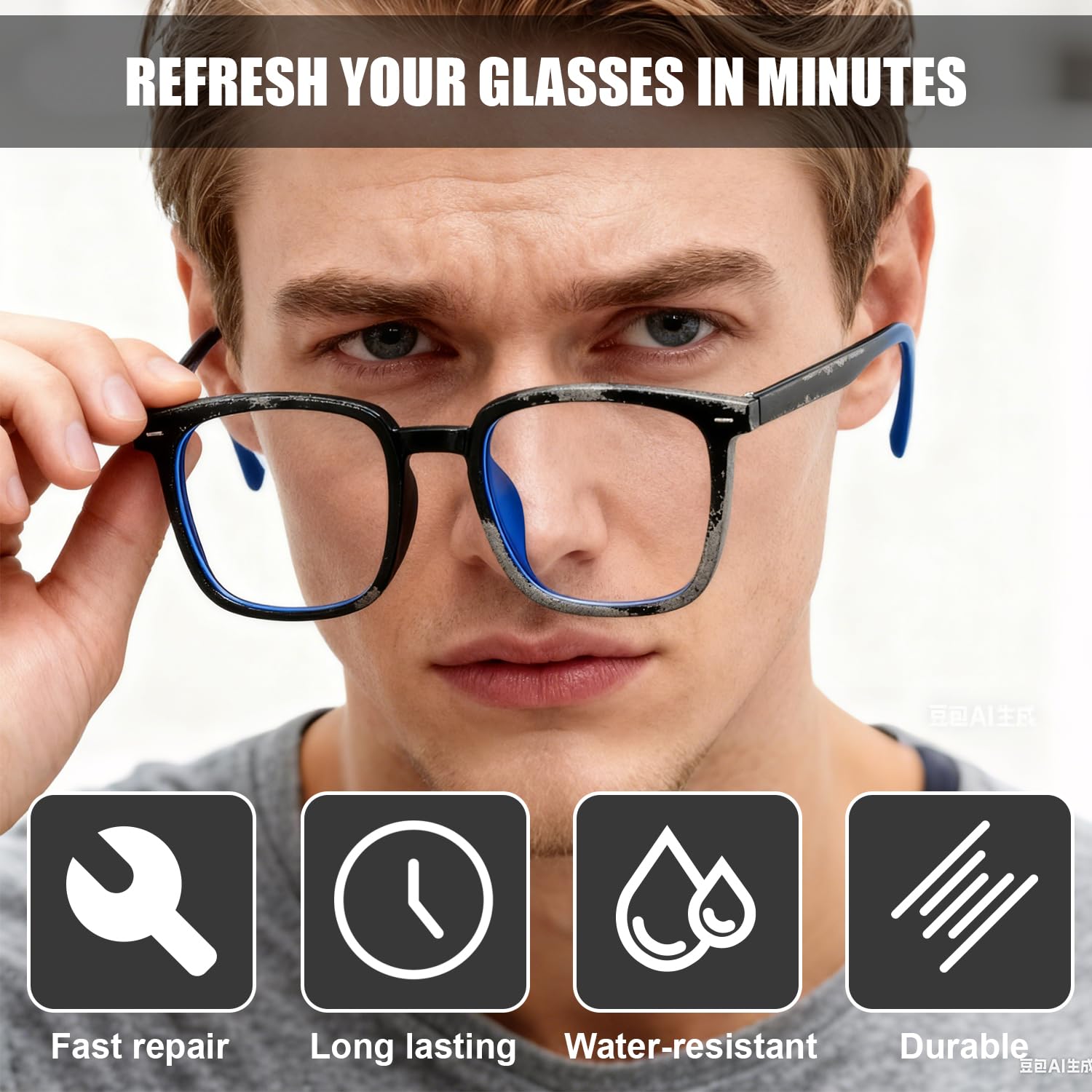 Before and after scratch repair on eyeglass frame