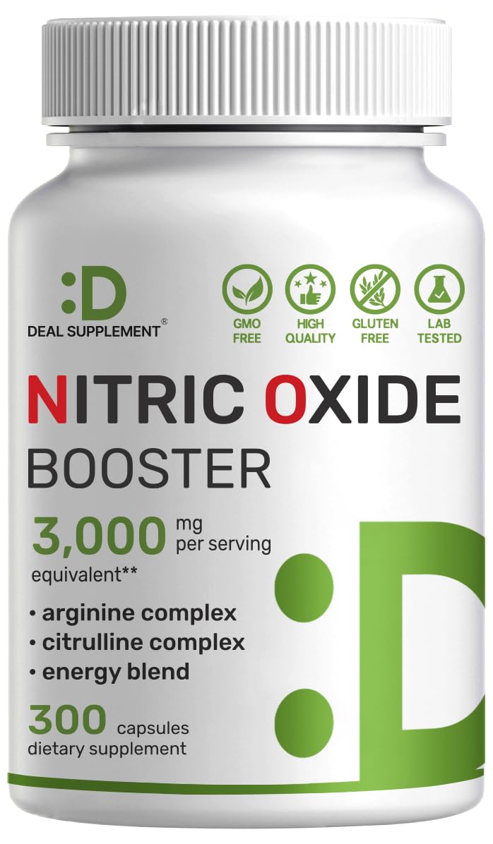 Nitric Oxide Booster bottle with 3,000mg per serving label