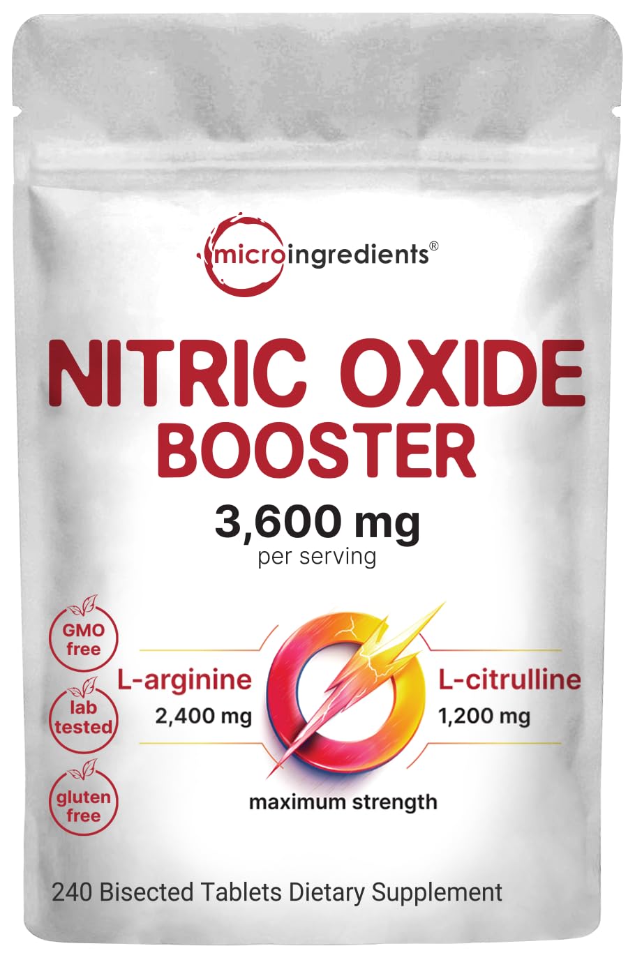 Bottle of nitric oxide supplement with bisected tablets