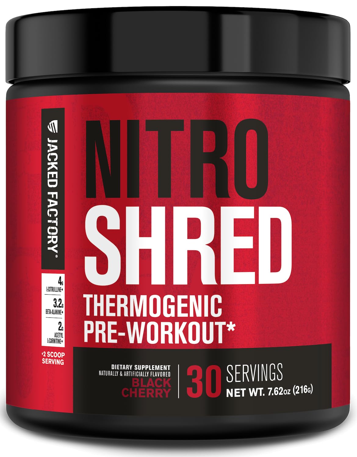 Jacked Factory Nitrosurge Shred pre-workout powder canister in Black Cherry flavor