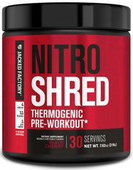 Jacked Factory Nitrosurge Shred pre-workout powder canister in Black Cherry flavor