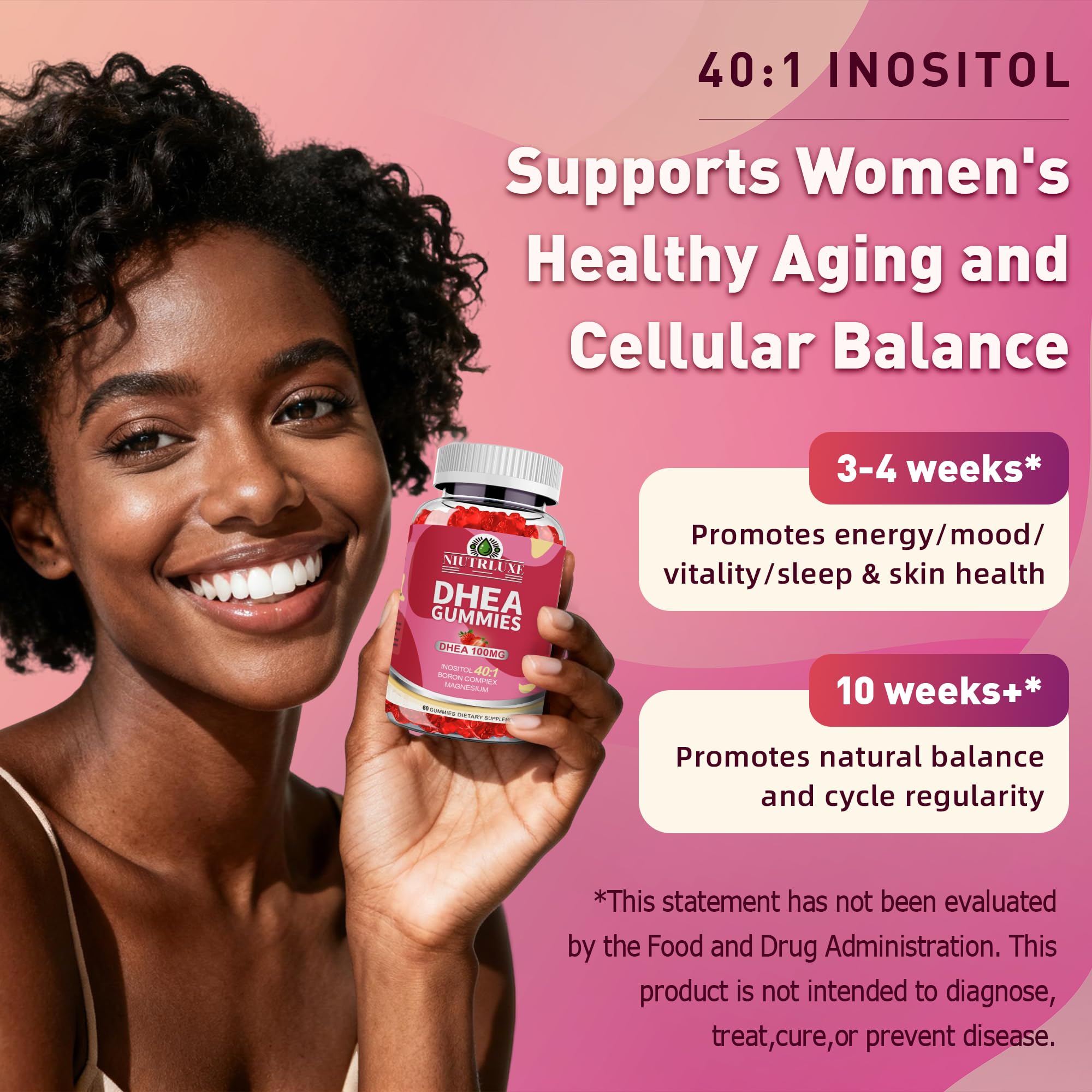 Close-up of Niutrluxe DHEA Gummies bottle label