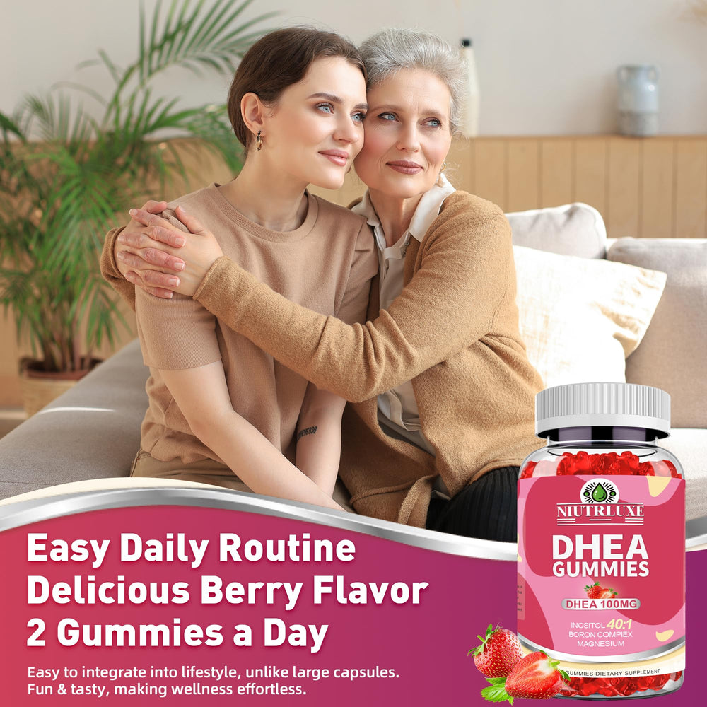 Vegan, non-GMO and gluten-free Niutrluxe DHEA Gummies packaging badge