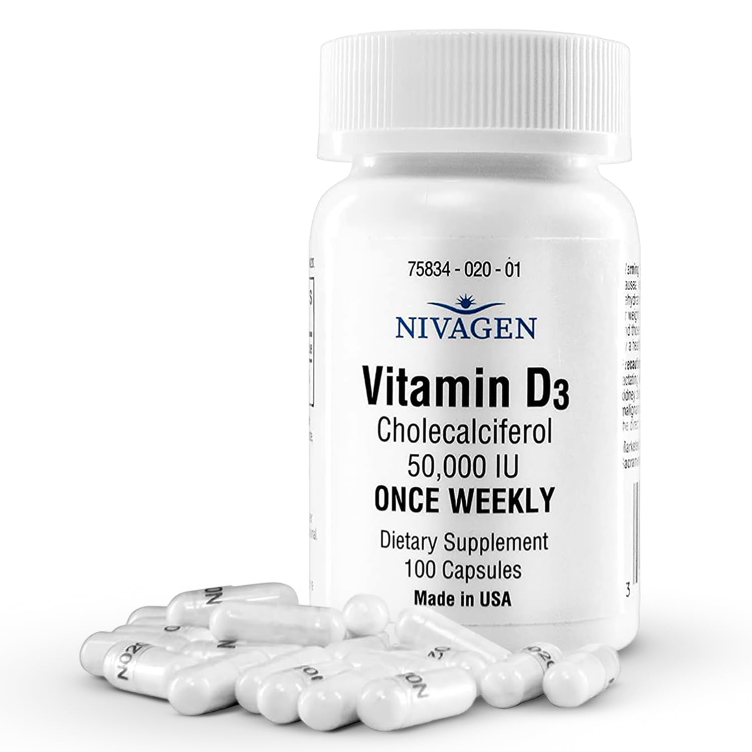 Nivagen Vitamin D3 50,000 IU capsule showing weekly dose (1250 mcg)