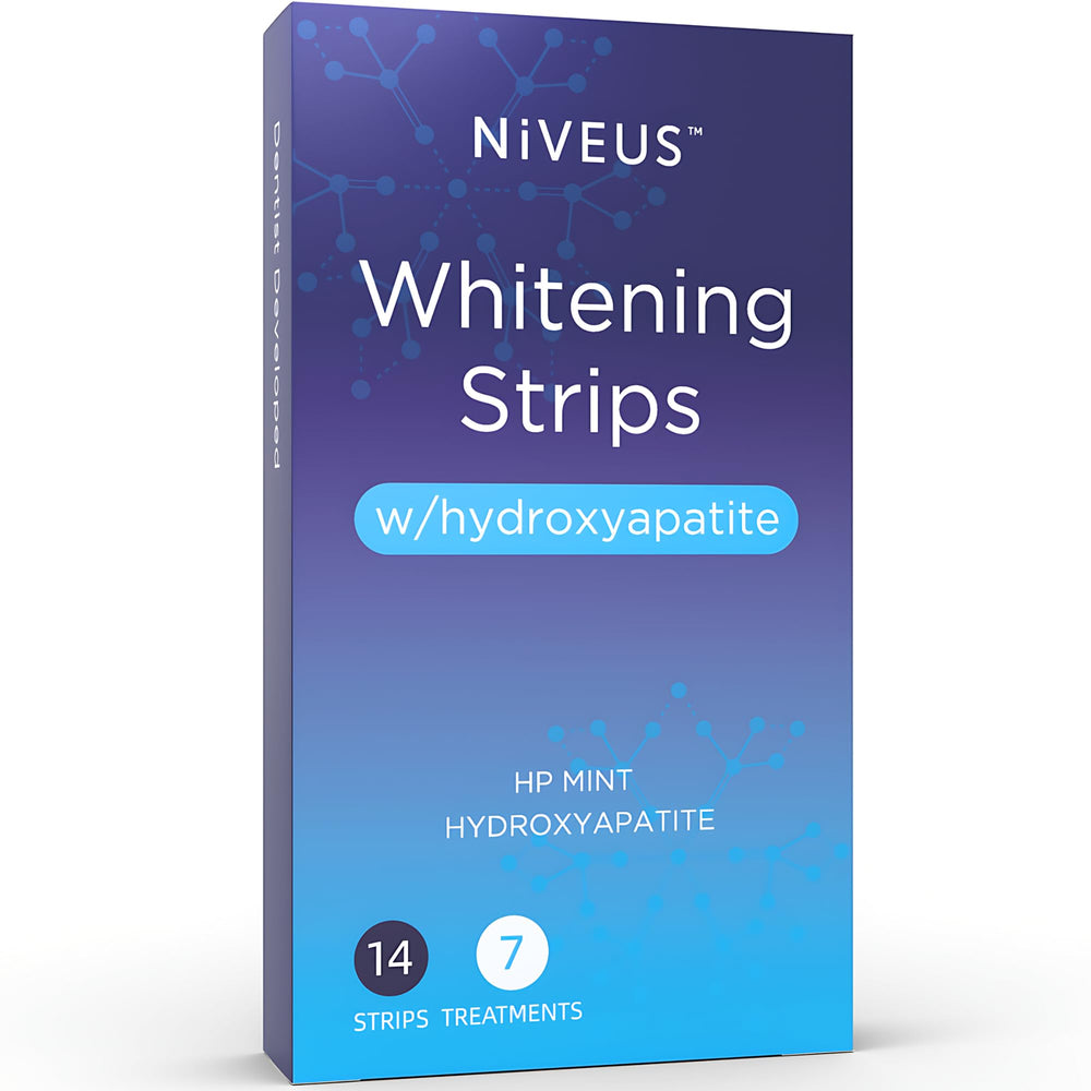 Close-up of Niveus whitening strips being applied