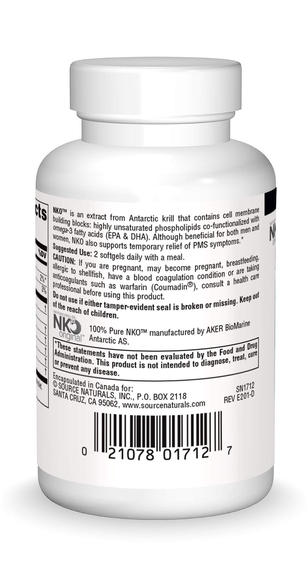 Back label of Source Naturals NKO Neptune Krill Oil 500mg 30 Softgels