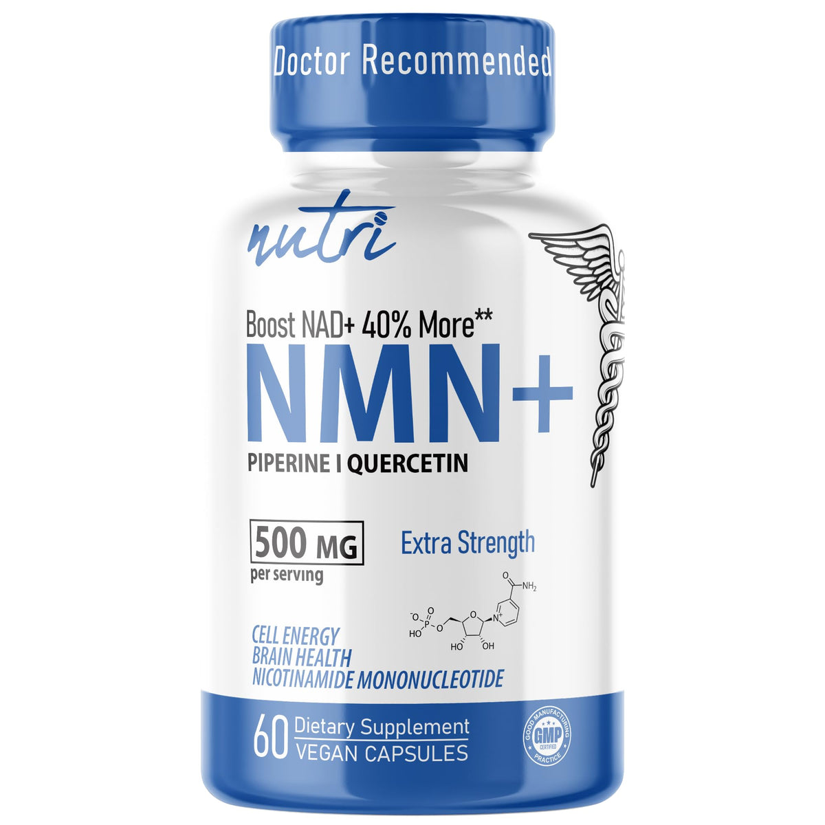 Nutri NMN 500mg bottle with Quercetin Phytosome and Black Pepper