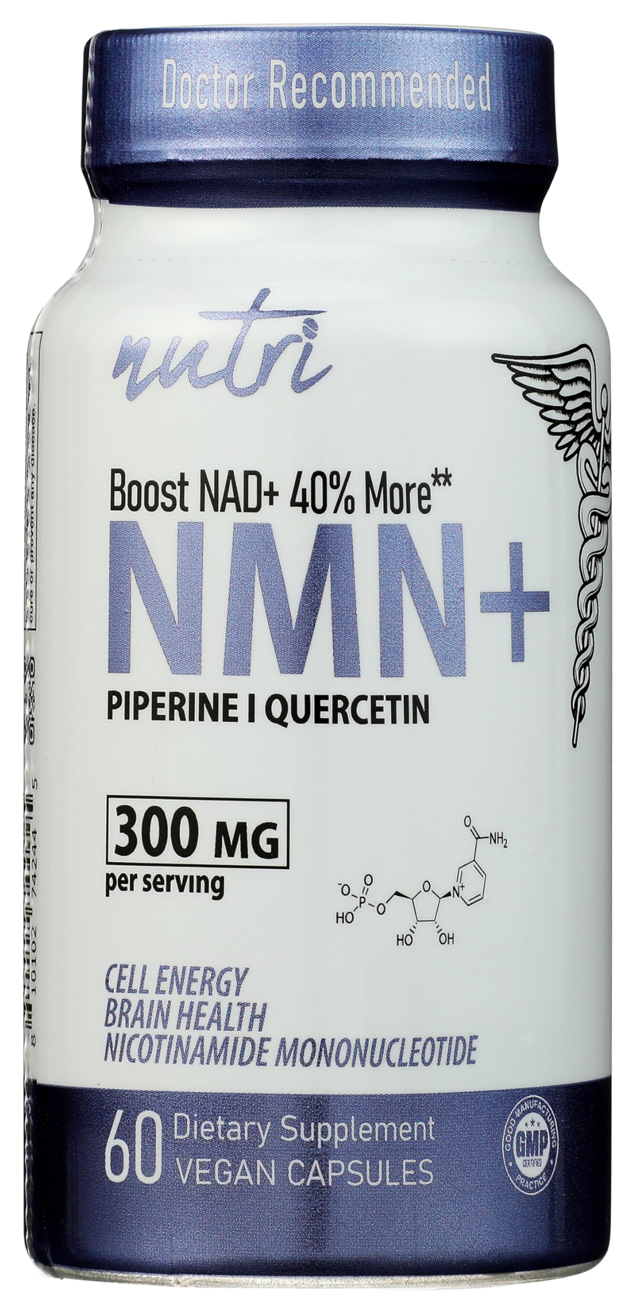 NMN supplement bottle featuring 60 capsules, front view