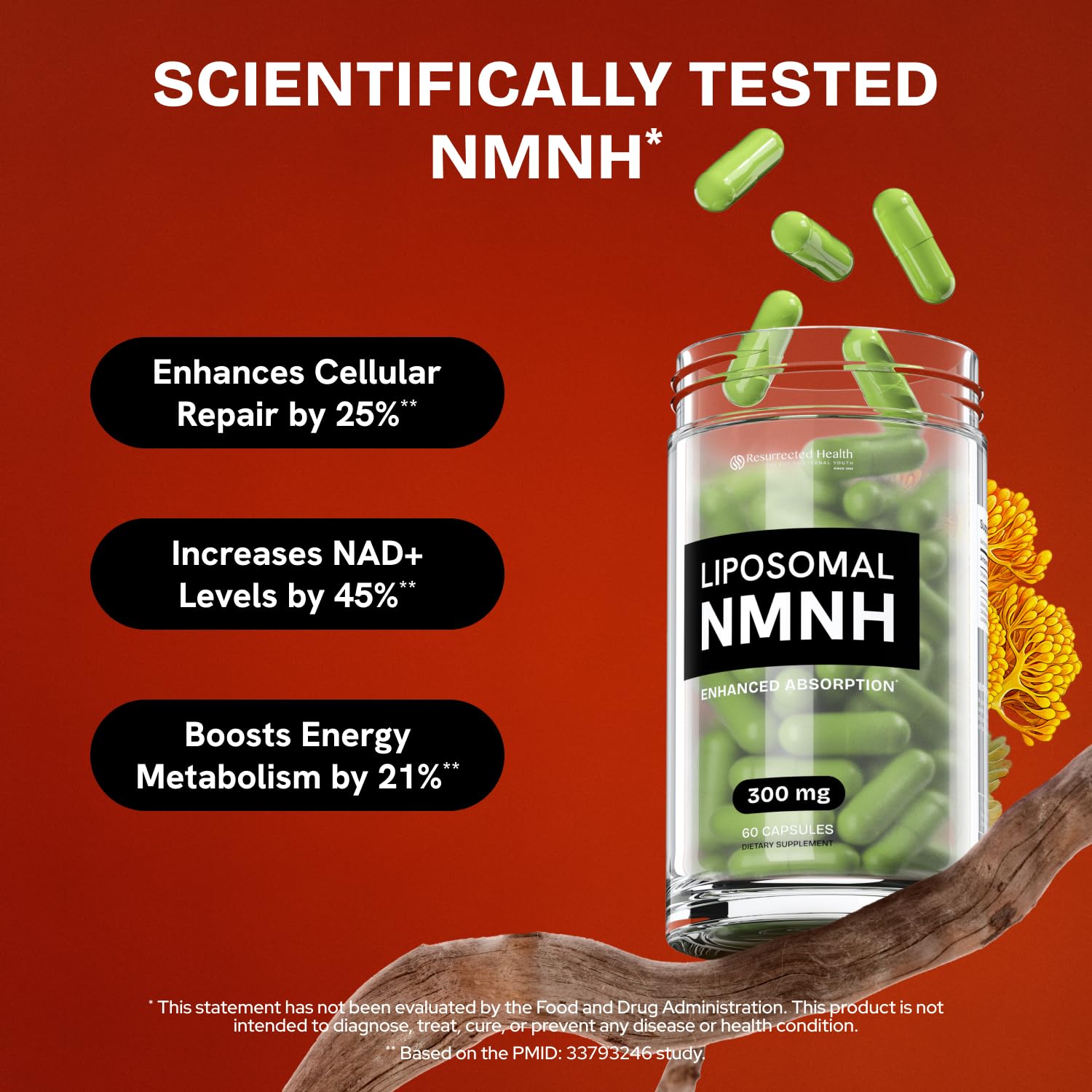 Product highlight showing anti-aging, energy, and focus benefits of NMNH.