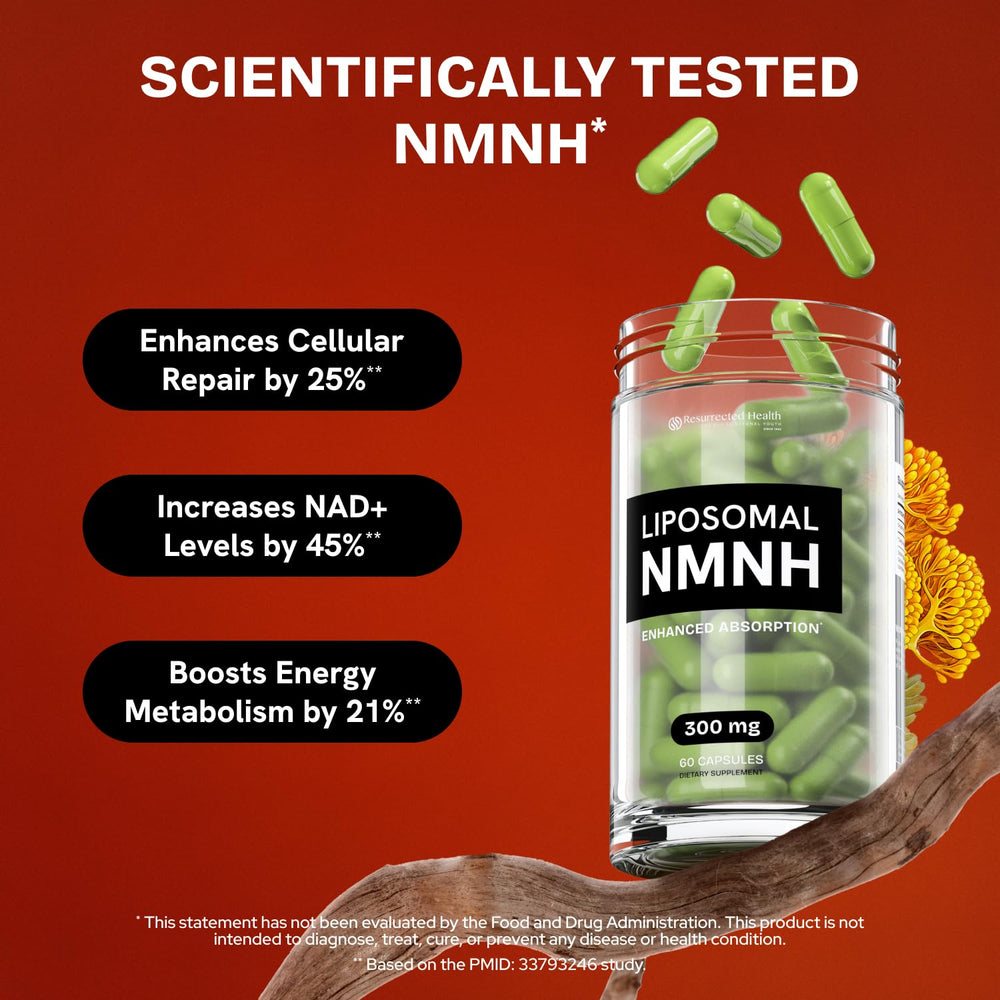 Product highlight showing anti-aging, energy, and focus benefits of NMNH.