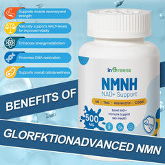 Graphic showing NMNH ingredients NR, TMG, Resveratrol, COQ10