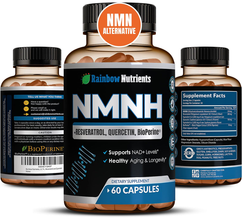 Front view of NMNH supplement bottle with 60 capsules