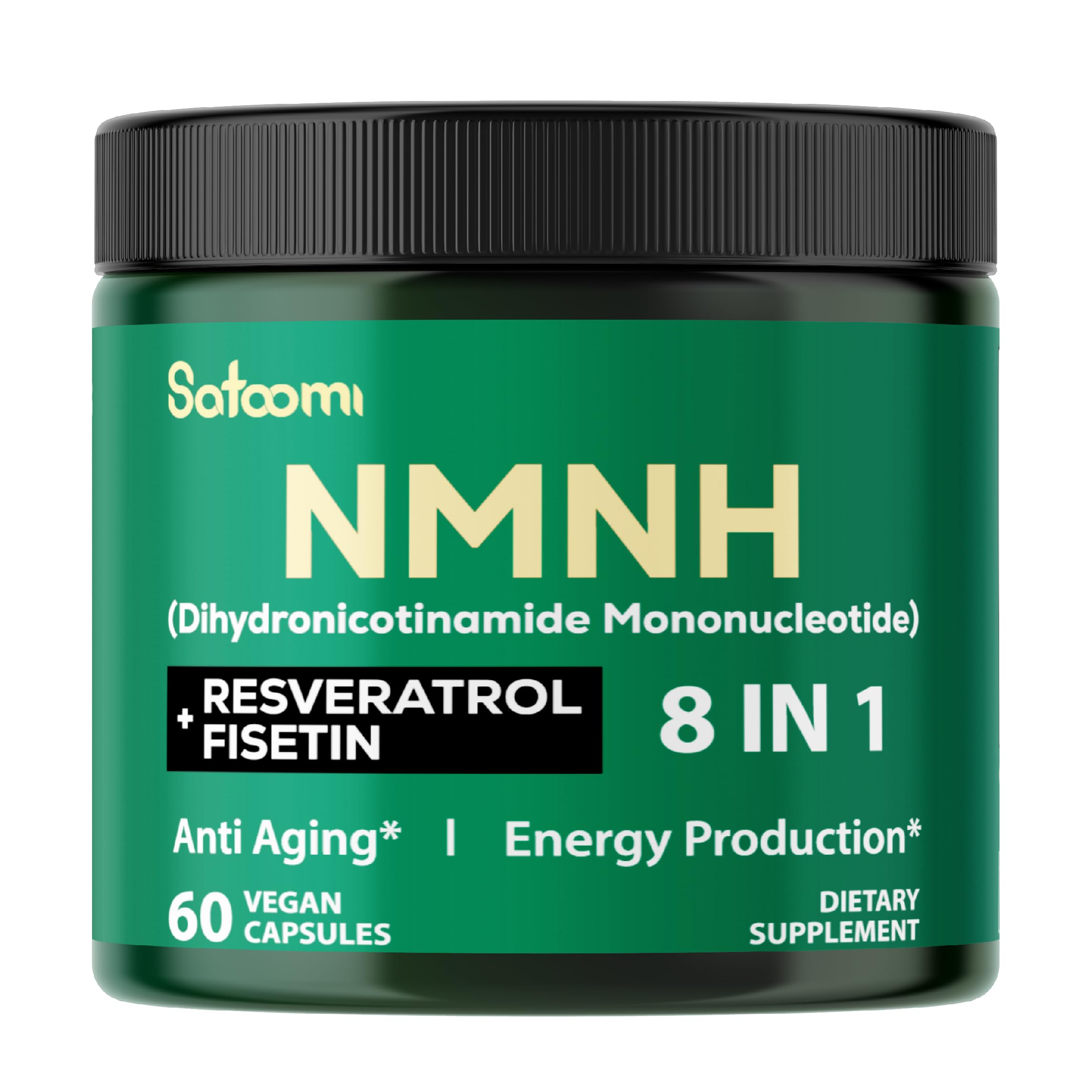 Product shot of 8in1 NMNH NMN supplement bottle and packaging