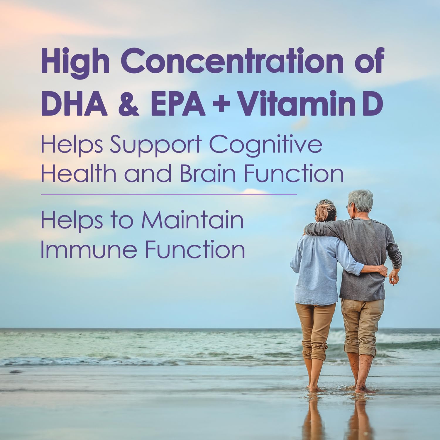 Lemon-flavored omega-3 liquid showing no aftertaste claim