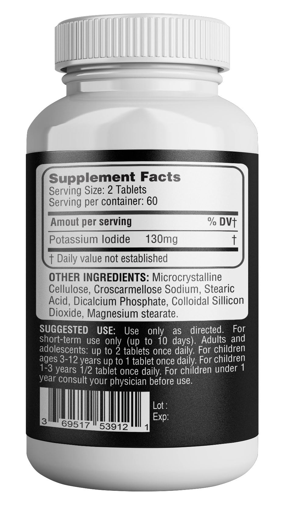Allergen-free label on potassium iodide 130 mg pills