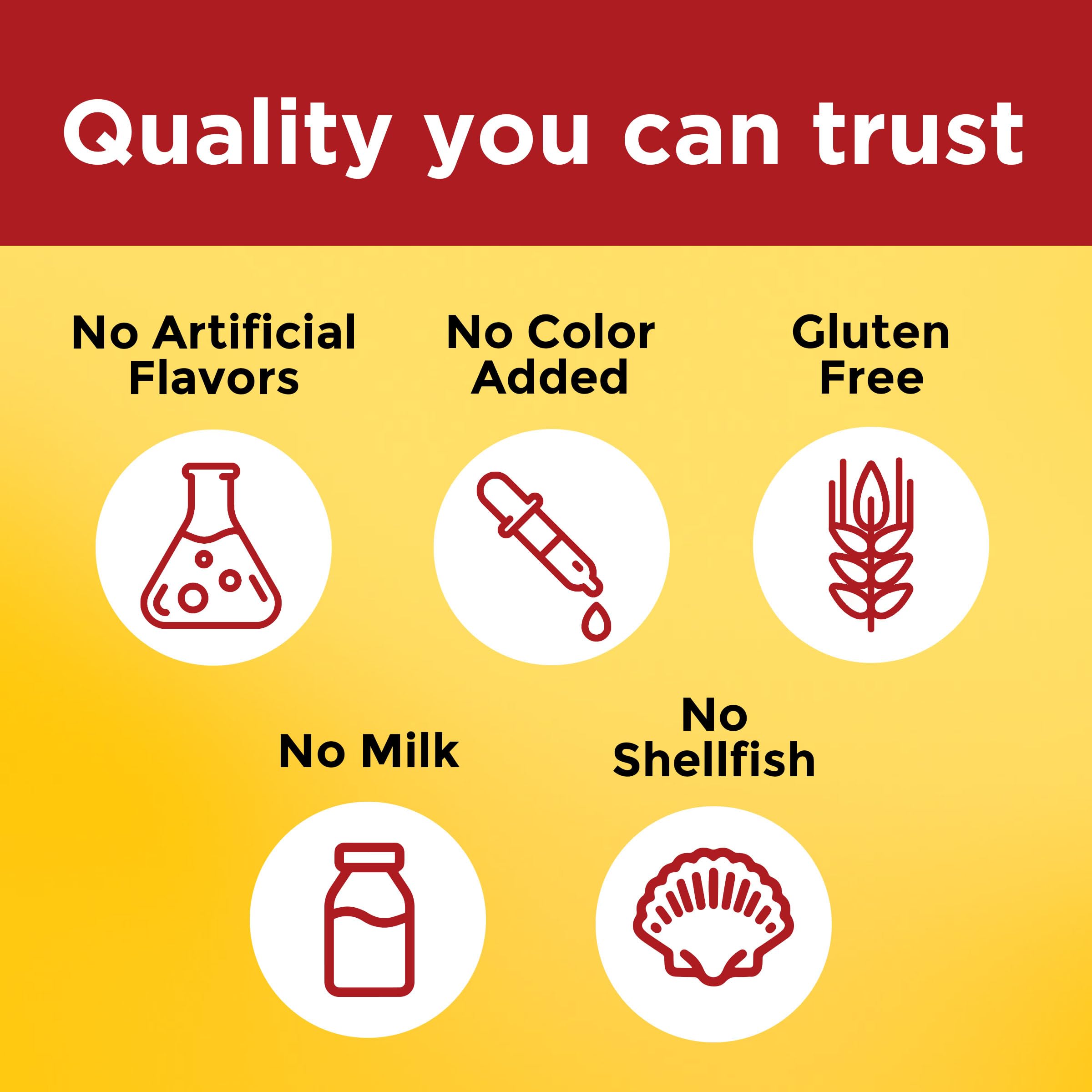 Product image indicating no artificial colors flavors gluten milk or shellfish